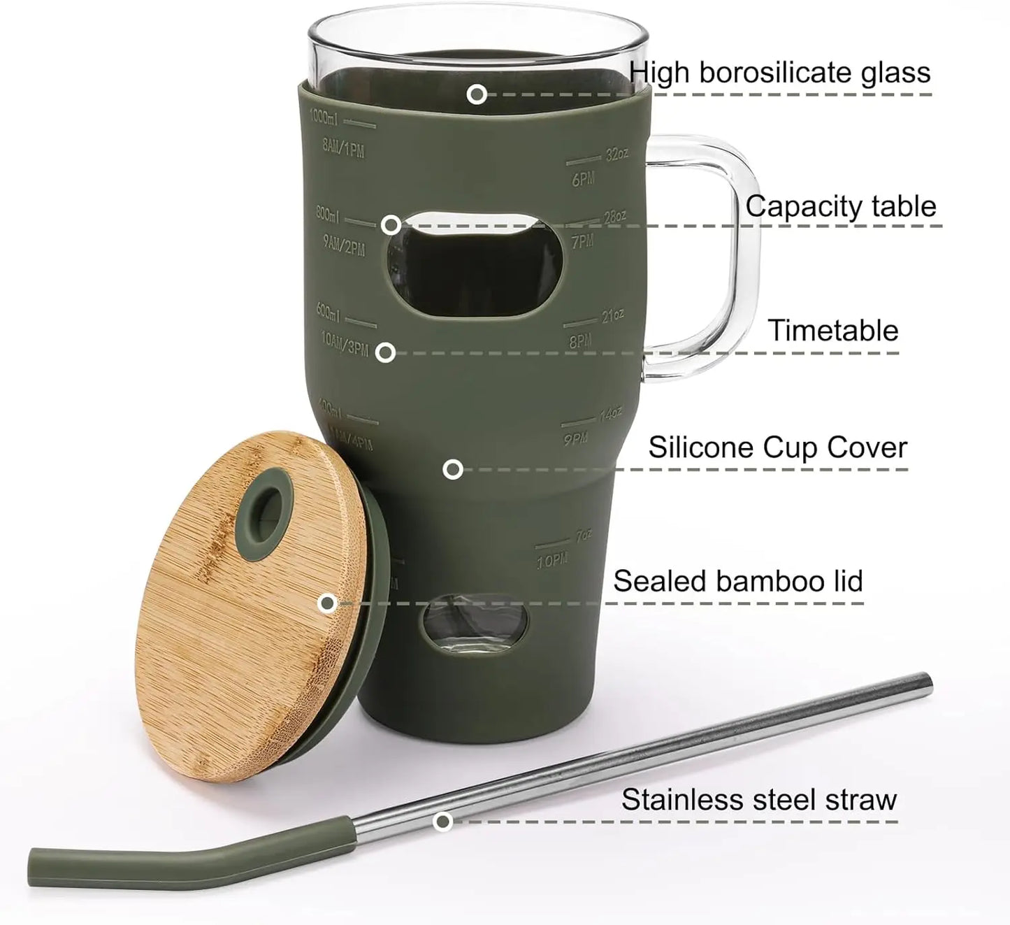 32oz Glass Travel Mug With Bamboo Lid, Stainless Steel Straw, Silicone Cover