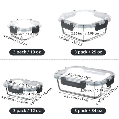 12 Pack Glass Food Storage Containers with Steam Vent, Microwave, Oven, Freezer and Dishwasher Safe