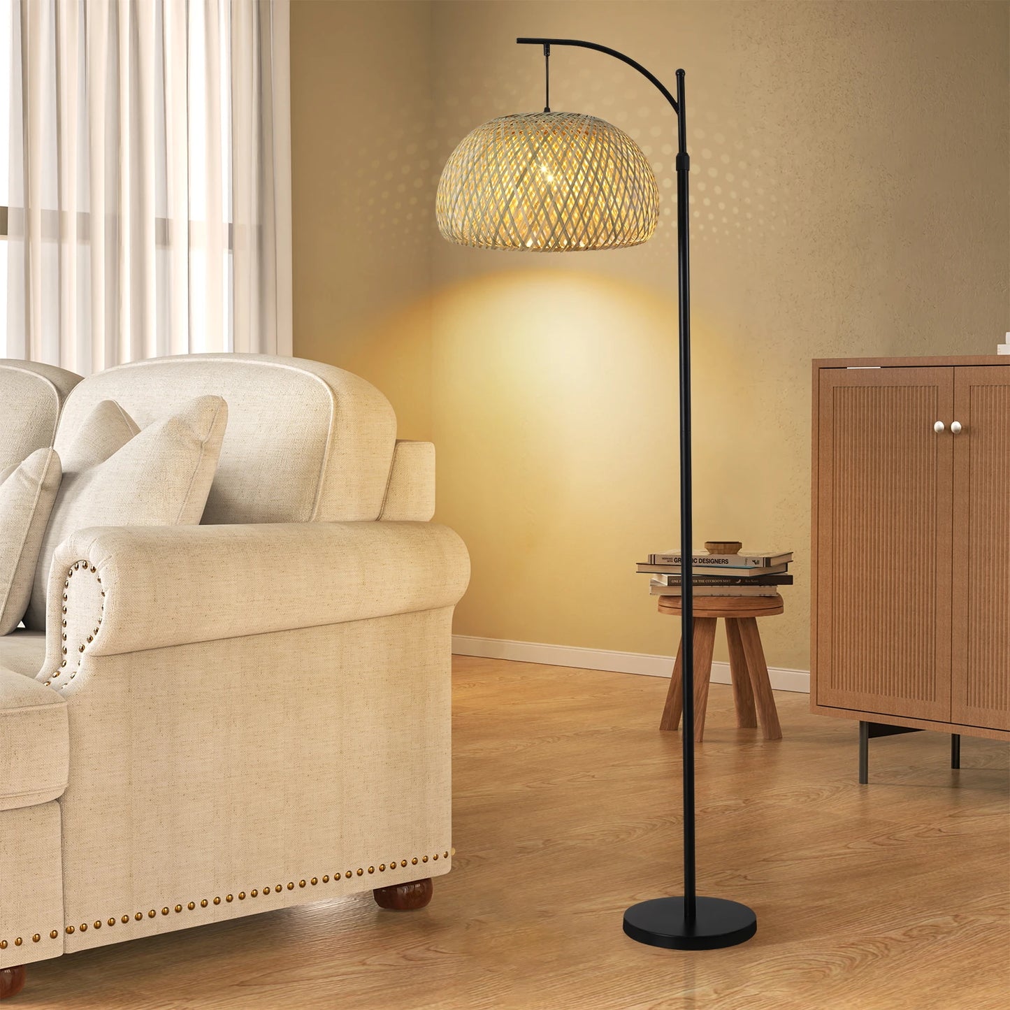 Floor Lamp With Big Size Bamboo Rattan Shade